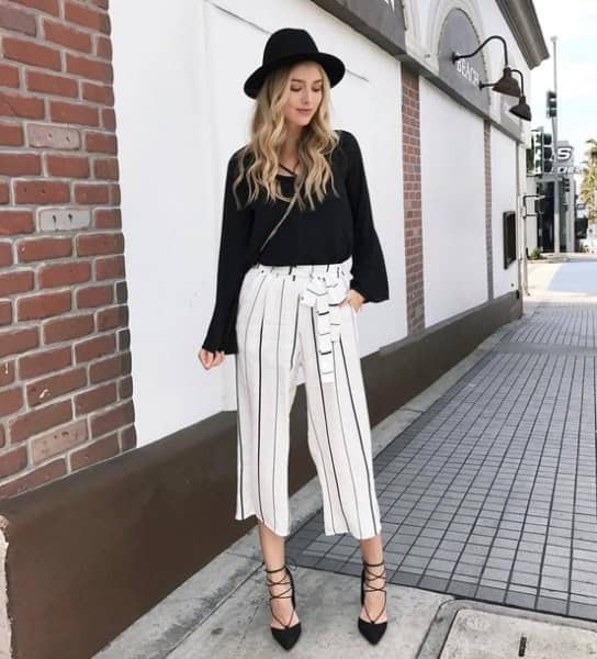 Black Sweater with White Cropped Wide Leg Pants