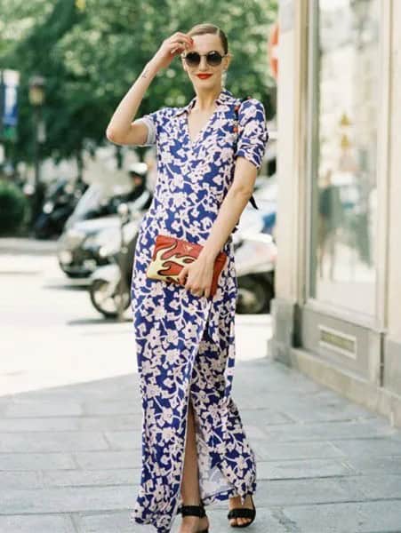 Navy and White Maxi Side Slit Dress with Open Toe Heels