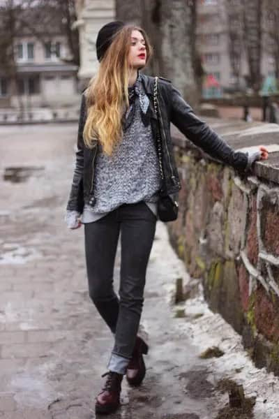 Grey Sweater with Black Leather Jacket & Cuffed Jeans