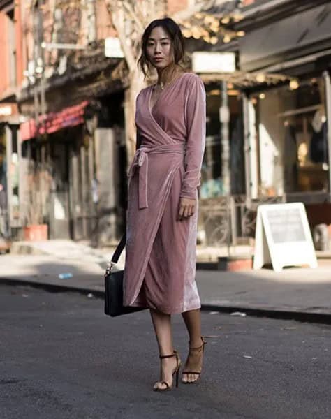 Pale Pink Midi Velvet Wrap Dress with Black Briefcase & Heels