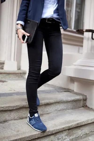 Black Blazer with White Button Up Shirt & Navy Sneakers