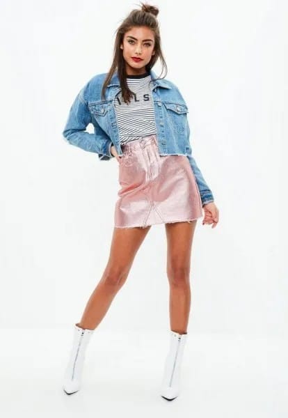 Blue Denim Jacket with High Waisted Mini Shiny Skirt