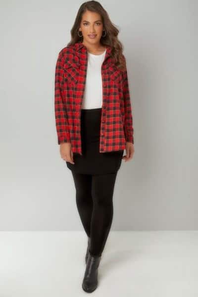 Red and Black Plaid Shirt with Leggings & Short Leather Boots