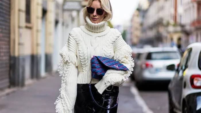 White Cable Knit Turtleneck Sweater with Black Leather Pants