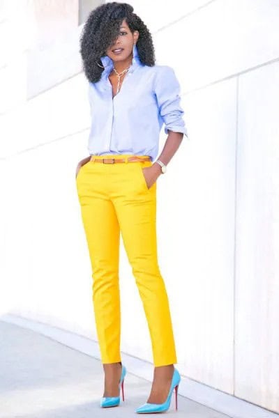 Light Blue Button Up Shirt with Yellow Slim Fit Pants