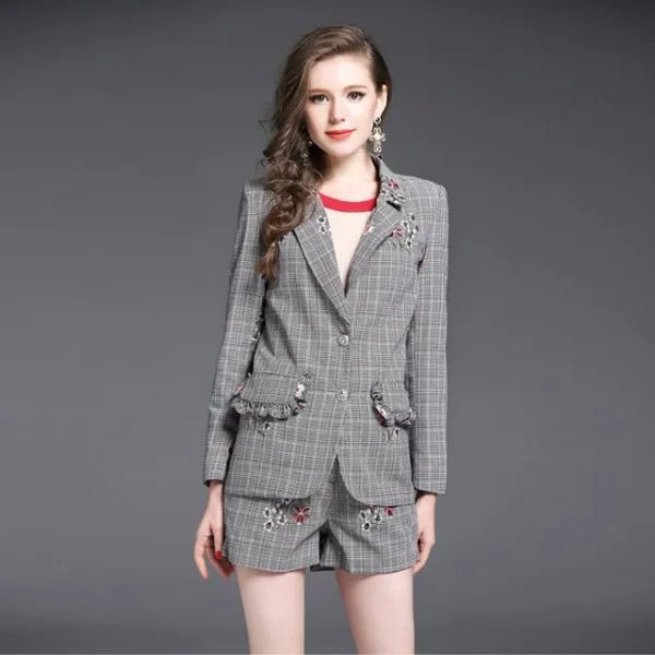 Grey Plaid Coat Suit Consists of Flowy Dress Shorts