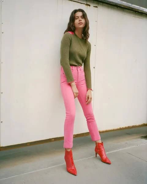 Blush Pink Cigarette Jeans with Green Sweater