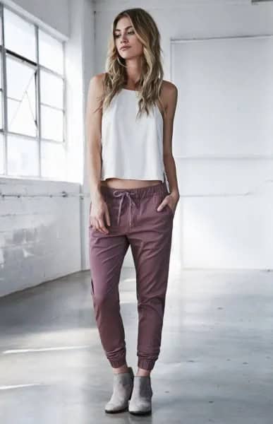 White Sleeveless Cropped Top with Grey Jogger Pants