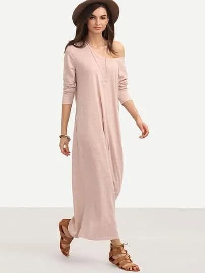 Pink One Shoulder Maxi Shift Dress with Brown Felt Hat