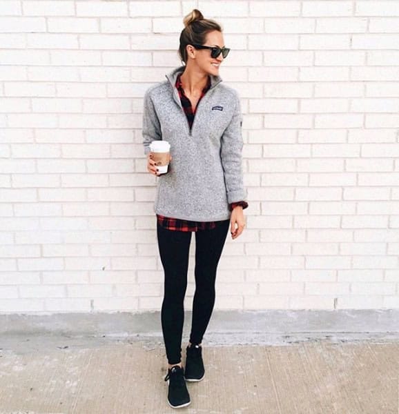 Grey Pullover with Black and Red Plaid Boyfriend Shirt