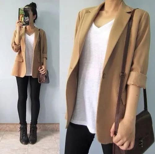 Casual Blazer with White V Neck Relaxed Fit Tee & Black Skinny Jeans