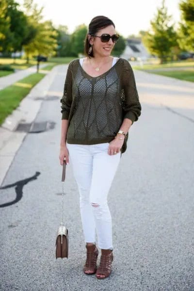 Grey Semi-Sheer Sweater with White Slim Fit Ankle Jeans