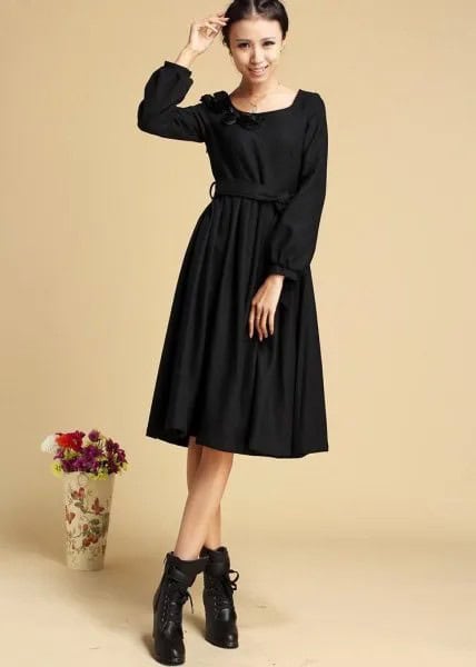 Black Long Sleeve Flare Midi Dress with Ankle Boots