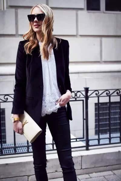 Black Oversized Velvet Jacket with White Lace Tunic Top & Slim Fit Jeans