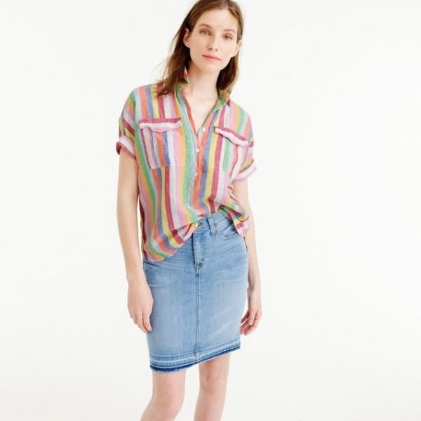 Rainbow Color Popover Shirt with Denim Skirt