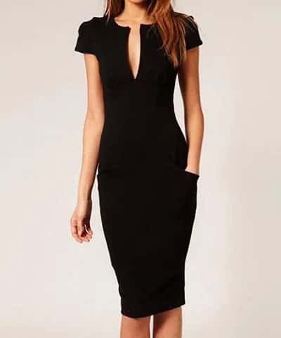 Black Midi Deep V Neck Bodycon Back Zipper Dress