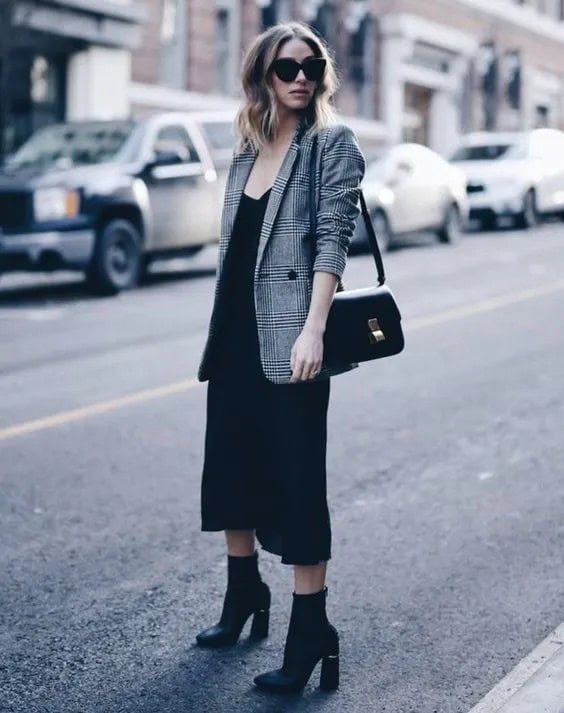 Plaid Blazer and Black Dress