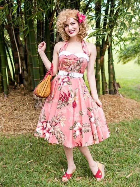 Pink Floral Print Halter Neck Fit and Flare Midi Dress