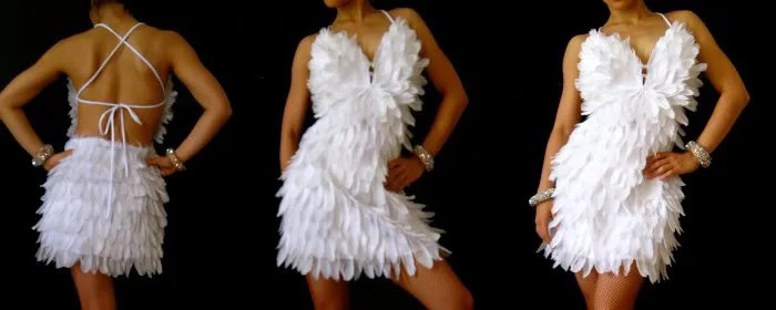 White Backless Spaghetti Strap Deep V Neck Feather Dress