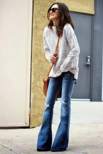 Heather Grey Sweater with Blue Ripped Flared Jeans