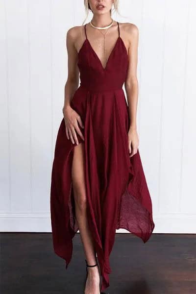 Burgundy Spaghetti Strap High Split Maxi Flared Dress