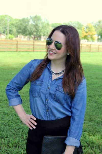 Blue Chambray Button Up Shirt with Black High Rise Jeans