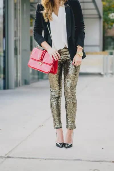 White Button Up Shirt with Black Blazer & Silver Pants