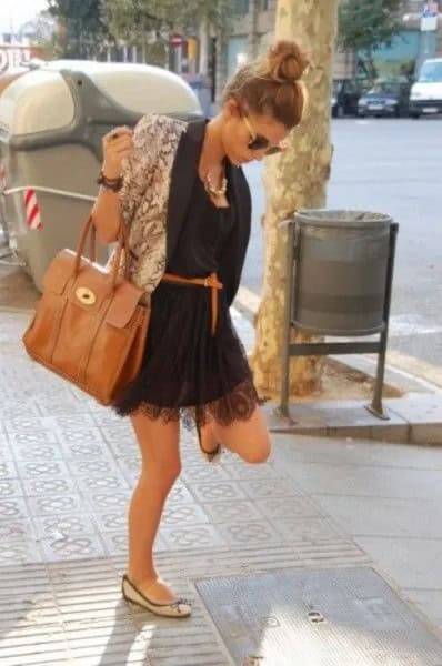 Black Belted Lace Mini Dress with Pink Floral Blazer