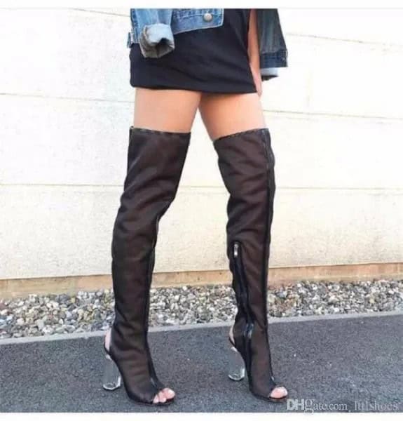 Open Toe Over The Knee Boots with Black Shift Dress & Denim Jacket