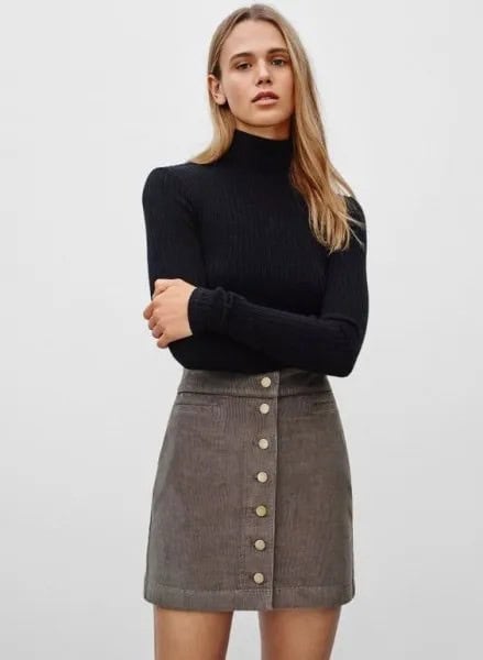 Black Mock Neck Form Fitting Sweater with Grey High Waisted Mini Corduroy Skirt