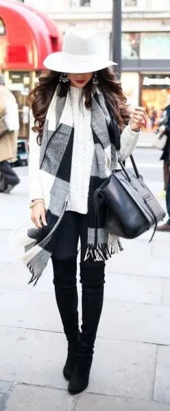 White and Black Plaid Scarf with Floppy Hat & Skinny Jeans