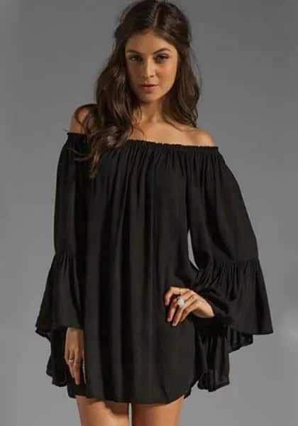 Off The Shoulder Bell Sleeve Babydoll Mini Dress