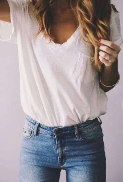 White Pocket Front Tee with Blue Skinny Jeans