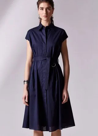 Dark Blue Belted Cap Sleeve Button Up Flared Midi Dress