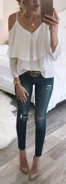 White Cold Shoulder Ruffle Front Blouse with Ripped Skinny Jeans