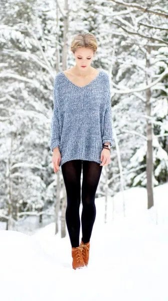 Grey V Neck Ribbed Fall Sweater with Black Leggings