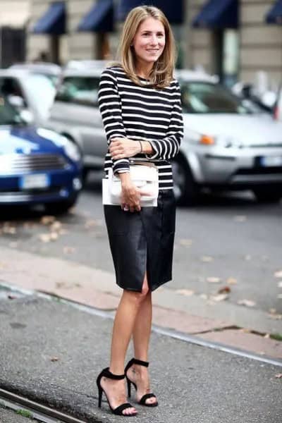 Black Open Toe Ankle Strap Heels with Striped Tee & Leather Skirt