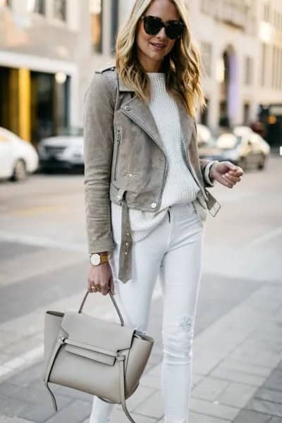 Grey Suede Blazer with White Ribbed Relaxed Fit Sweater