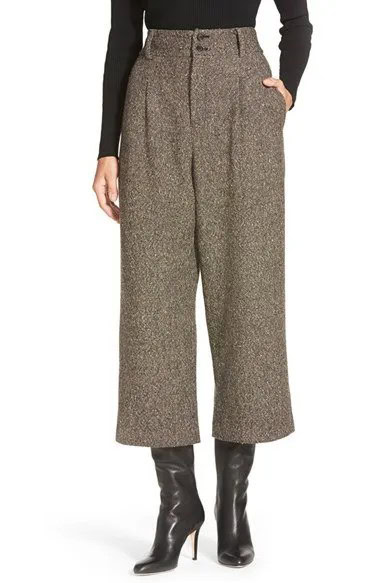 Wide Leg Pants with Mid Calf Heeled Leather Boots