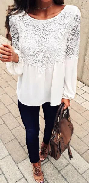 White Long Sleeve Lace Blouse with Black Skinny Jeans