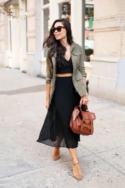 Khaki Blazer with Cropped Deep V Neck Top & High Rise Chiffon Maxi Skirt