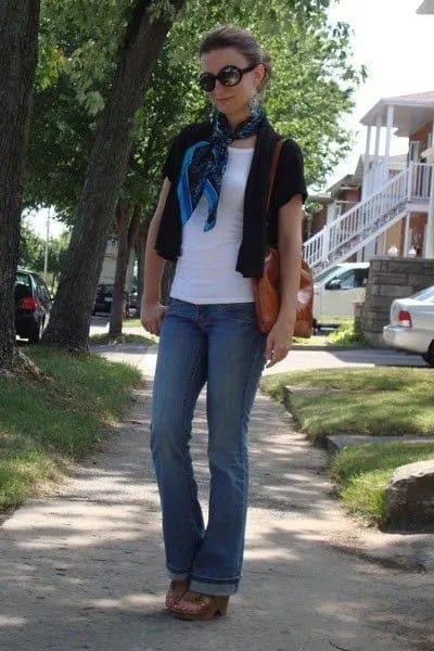 Black Short Sleeve Blazer with White Tee & Navy Blue Silk Scarf