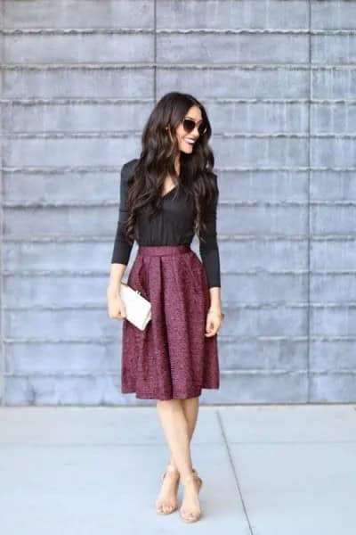 Black Button Up Shirt with Midi Pleated Wool Skirt