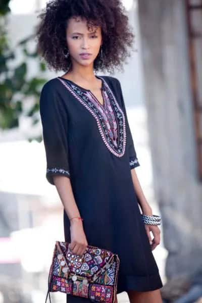 Black Tribal Printed Tunic Dress & Matching Clutch Bag