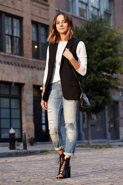 Black Sleeveless Jacket with White Long Sleeve Tee & Cuffed Boyfriend Jeans