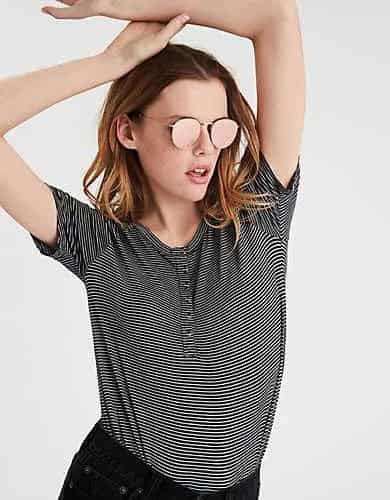 Black and White Striped Short Sleeve Henley Shirt