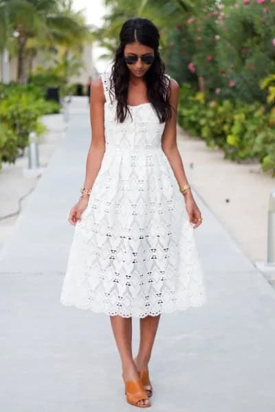 White Lace Midi Flared Dress with Bronze Open Toe Heels