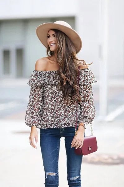 Red and White Floral Off Shoulder Top