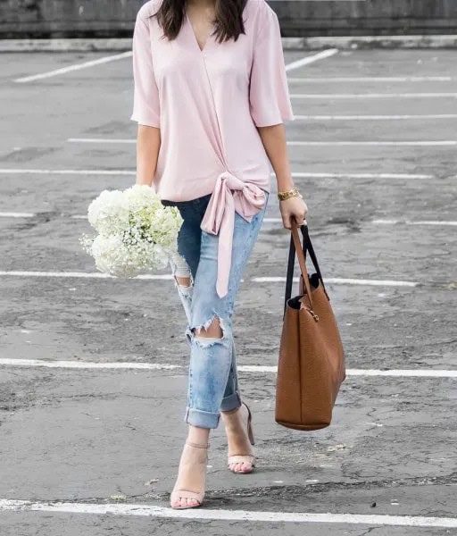 Blush Pink Half Sleeve Wrap Blouse with Ribbon Detail