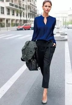 Dark Blue Silk Shirt with Black Chinos